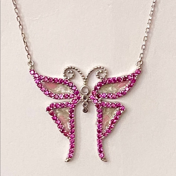 Handmade 925 silver pink enamel butterfly necklace